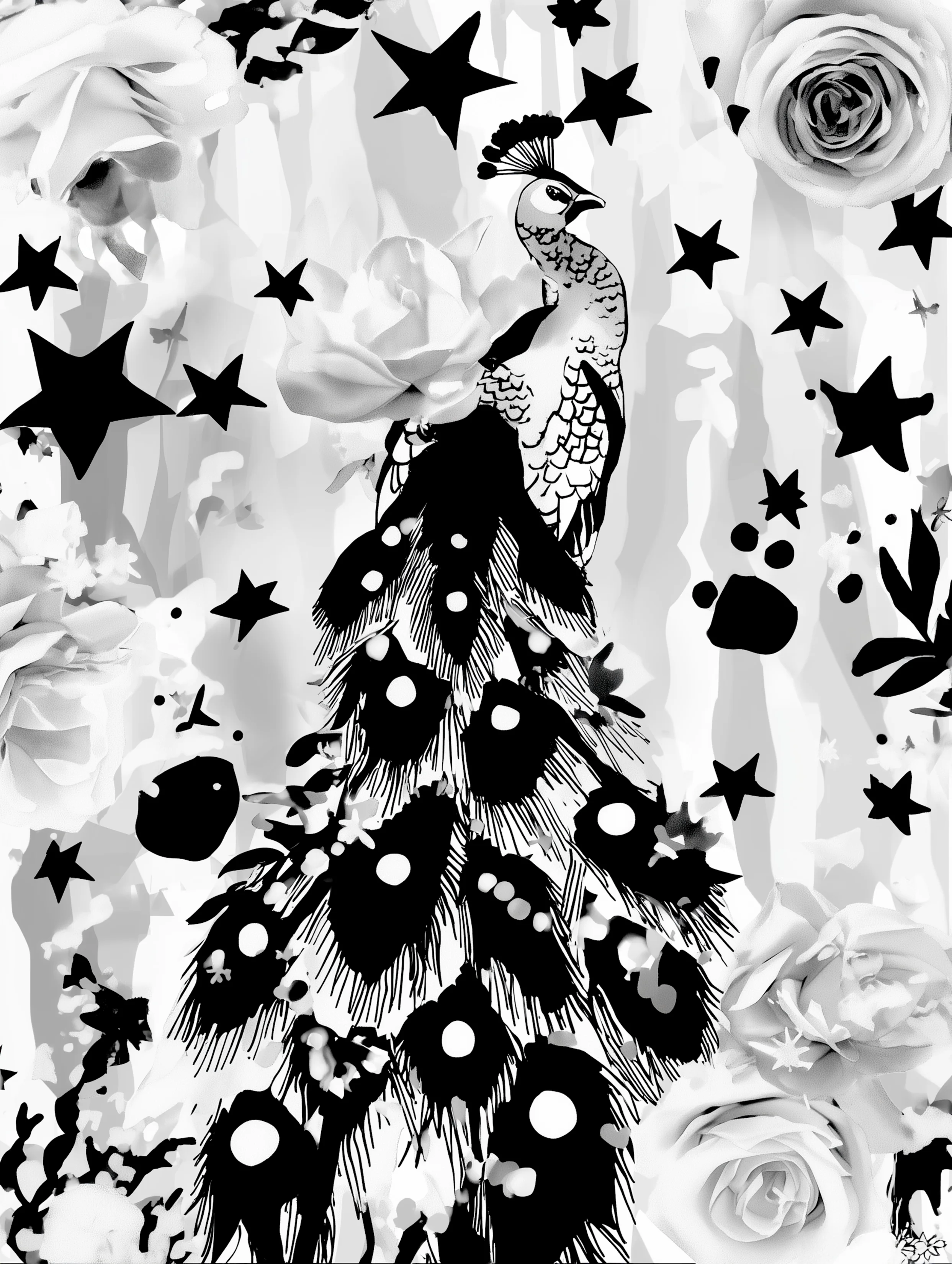 Free printable coloring page of peacock for adults featuring stars around peacock